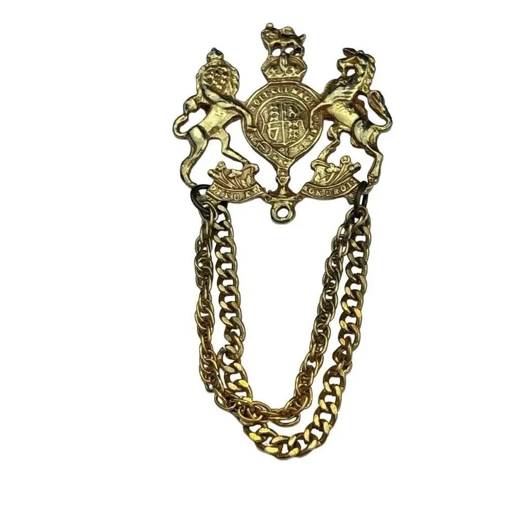 Vintage British Heraldic Double Chain Brooch Cloak Clasp Lion Crest